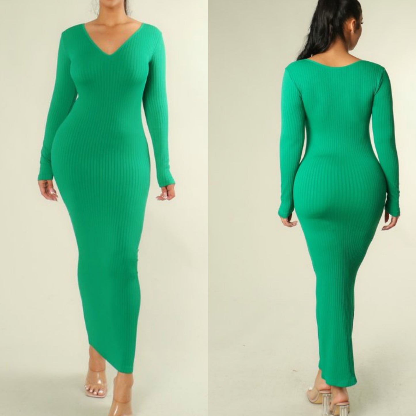 SOLID COLOR PATTERN RIBBED BODYCON LONG SLEEVE MIDI PENCIL DRESS .
V-NECK.
SUPER STRETCH