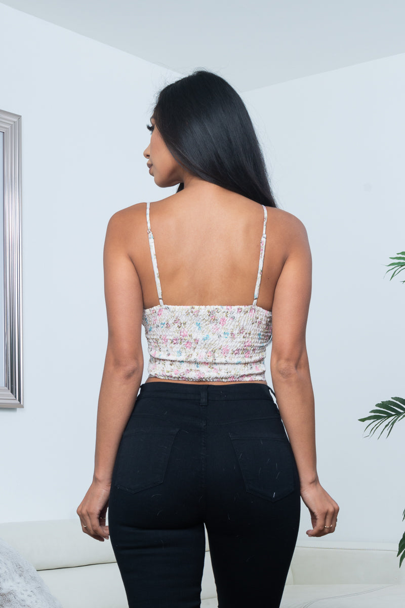 Soft Floral Print Spaghetti Strap Bow Tied Bustier Cup Crop Top