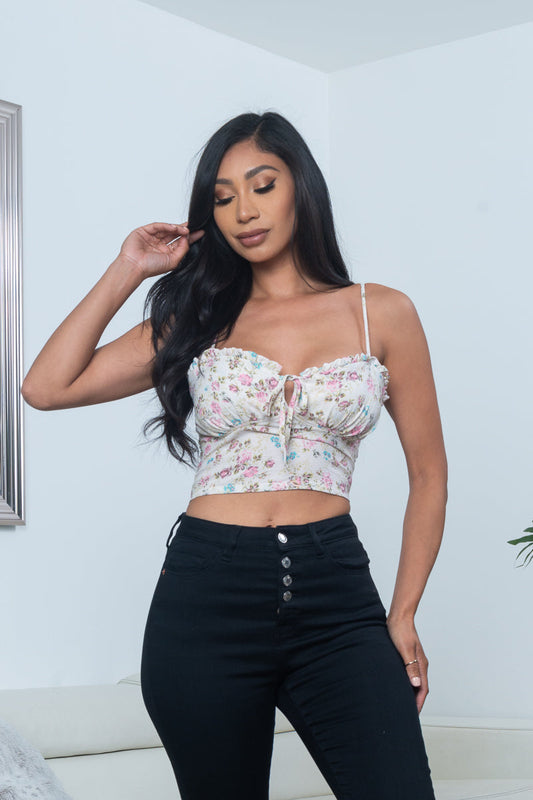 Soft Floral Print Spaghetti Strap Bow Tied Bustier Cup Crop Top