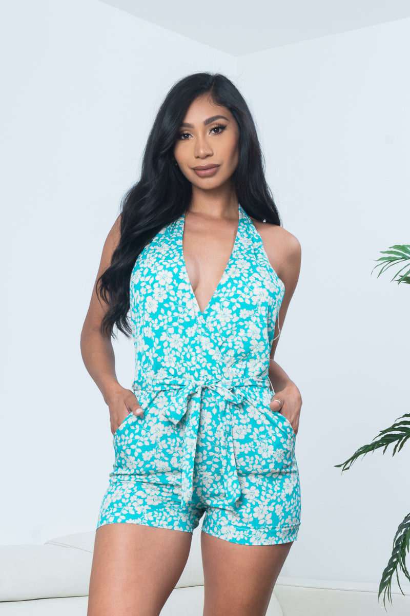 Floral Print Halter Neck Plunge Surplice V Neck Mini Shorts Romper