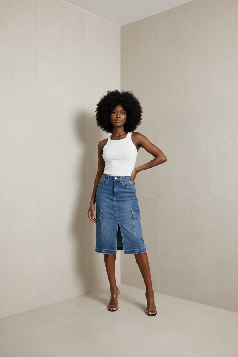 CARGO POCKETS WASHED DENIM MINI SKIRT