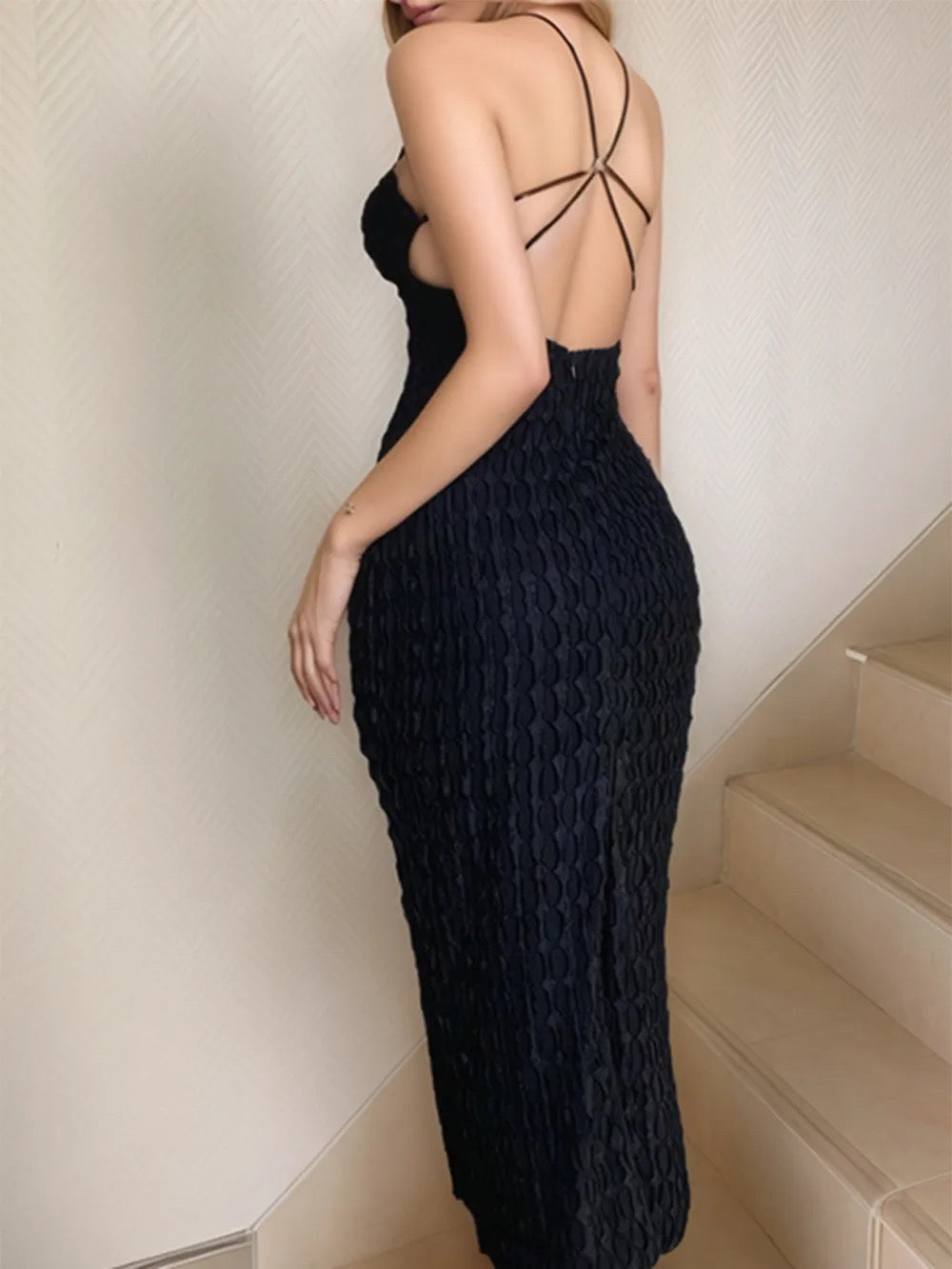 Cutout Textured Backless Sleeveless Midi Dress