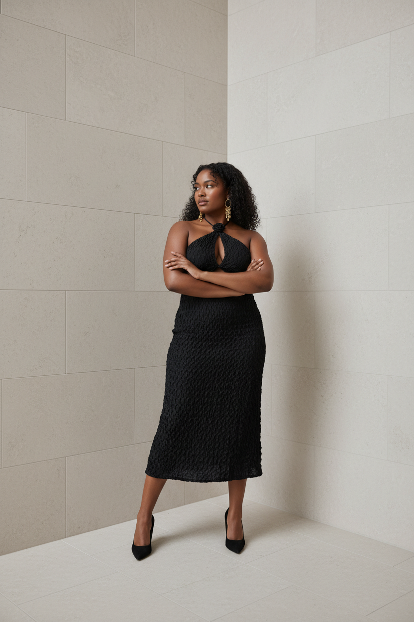 Cutout Textured Backless Sleeveless Midi Dress