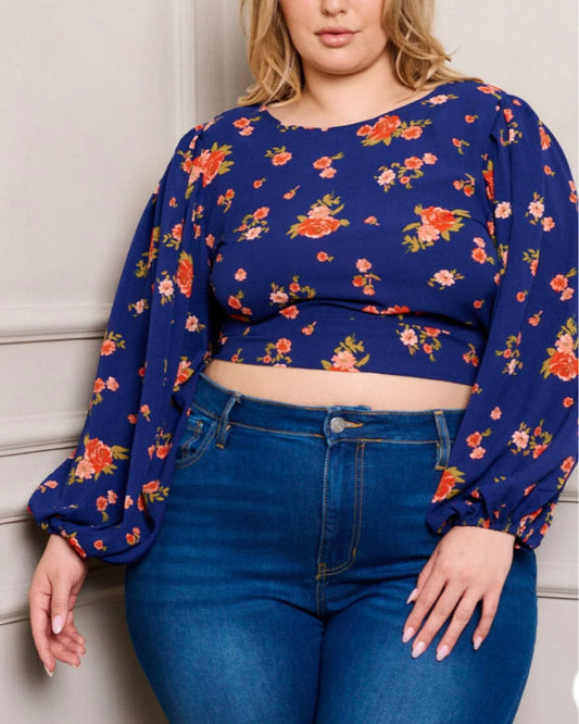 PLUS SIZE LONG PUFF SLEEVE FLORAL CROP TOP