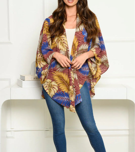 WOMEN'S 3/4 SLEEVE OPEN FRONT LEAF PRINT CARDIGAN