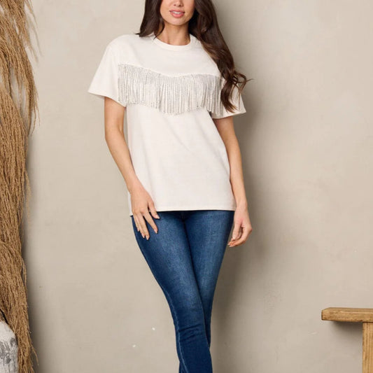 WOMEN'S SHORT SLEEVE SEQUINS DETAILED TOP